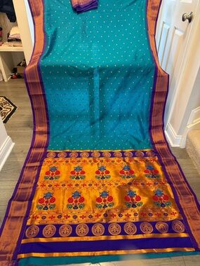 Vibrant Teal & Gold Wedding  woman saree sari